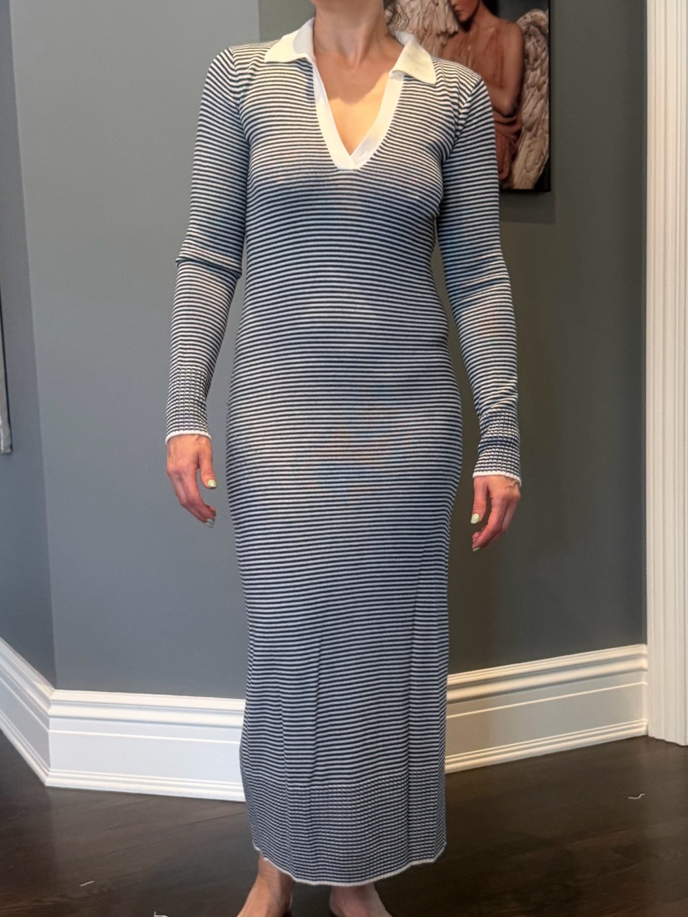 STAUD Navy and White Striped Polo Knit Maxi Dress